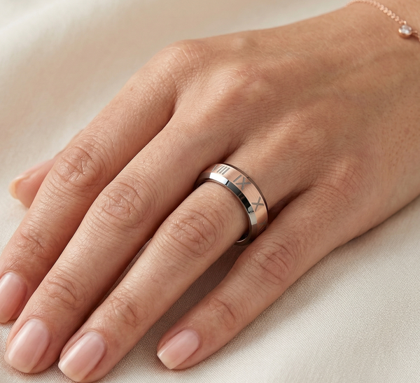 6mm Women's Two-Tone Tungsten Carbide Ring with Roman Numeral Engraving–Rose Gold & Silver Beveled Band