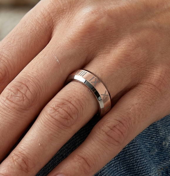 6mm Women's Two-Tone Tungsten Carbide Ring with Roman Numeral Engraving–Rose Gold & Silver Beveled Band