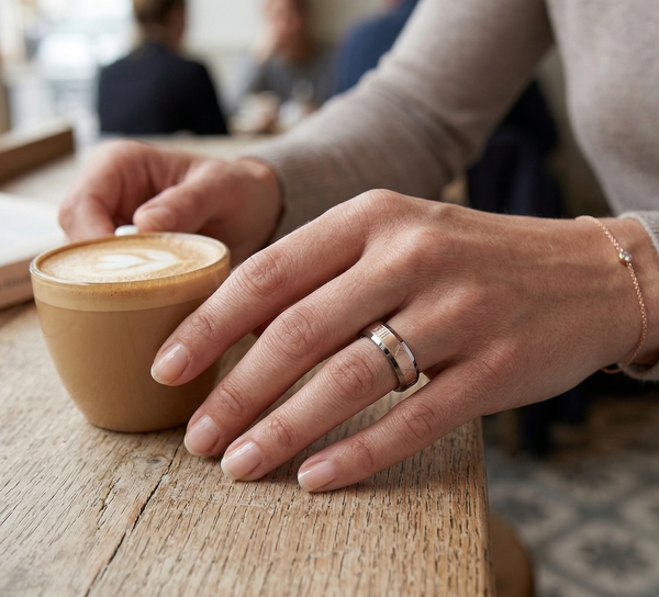 6mm Women's Two-Tone Tungsten Carbide Ring with Roman Numeral Engraving–Rose Gold & Silver Beveled Band