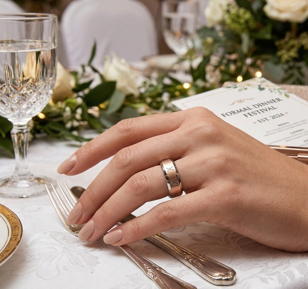 6mm Women's Two-Tone Tungsten Carbide Ring with Roman Numeral Engraving–Rose Gold & Silver Beveled Band