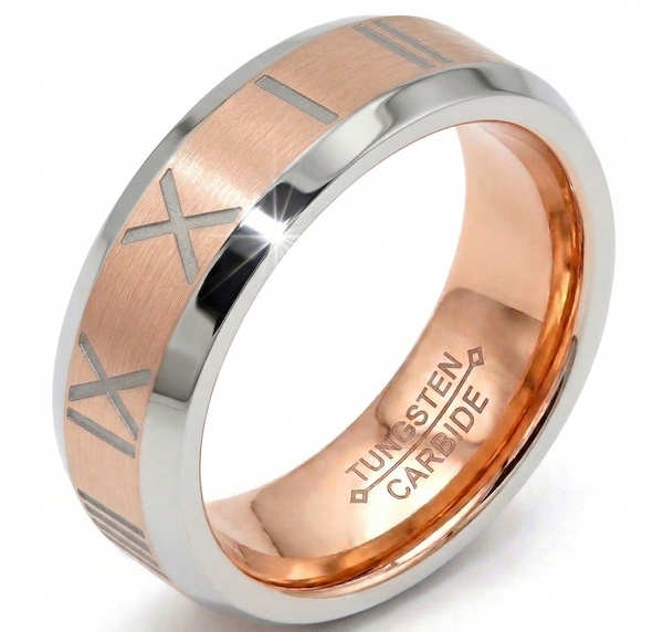 6mm Women's Two-Tone Tungsten Carbide Ring with Roman Numeral Engraving–Rose Gold & Silver Beveled Band