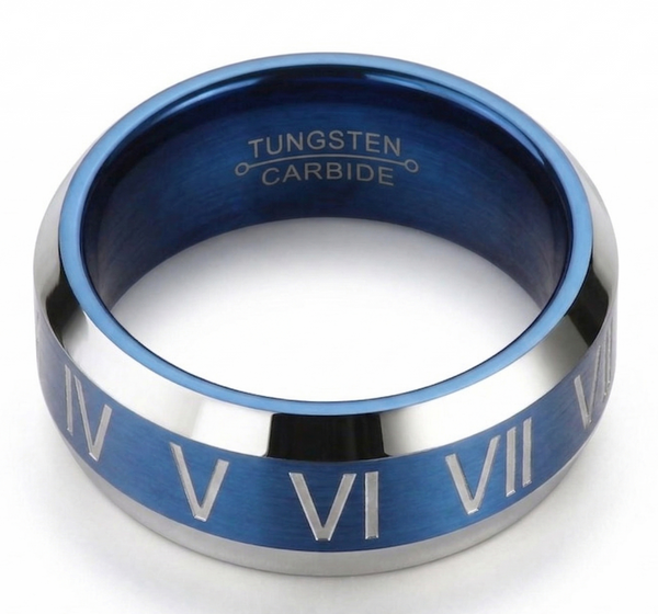 Men's 8mm Two-Tone Blue & Silver Tungsten Carbide Ring - Brushed Blue Center with Raised Roman Numerals and Polished Step-Down Edges