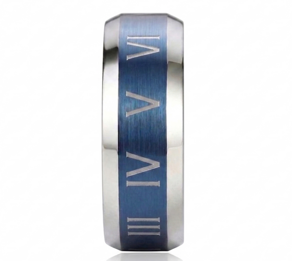 Men's 8mm Two-Tone Blue & Silver Tungsten Carbide Ring - Brushed Blue Center with Raised Roman Numerals and Polished Step-Down Edges