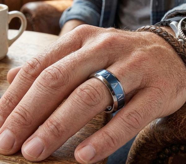 Men's 8mm Two-Tone Blue & Silver Tungsten Carbide Ring - Brushed Blue Center with Raised Roman Numerals and Polished Step-Down Edges