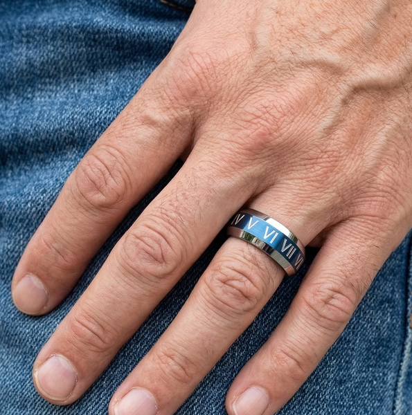 Men's 8mm Two-Tone Blue & Silver Tungsten Carbide Ring - Brushed Blue Center with Raised Roman Numerals and Polished Step-Down Edges
