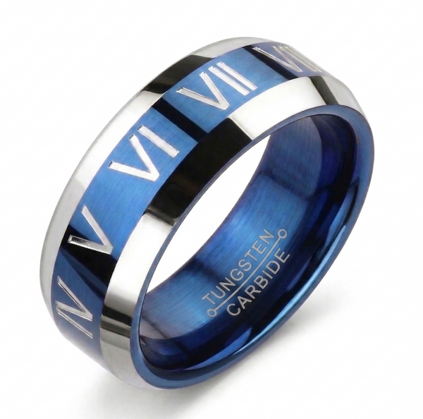 Men's 8mm Two-Tone Blue & Silver Tungsten Carbide Ring - Brushed Blue Center with Raised Roman Numerals and Polished Step-Down Edges