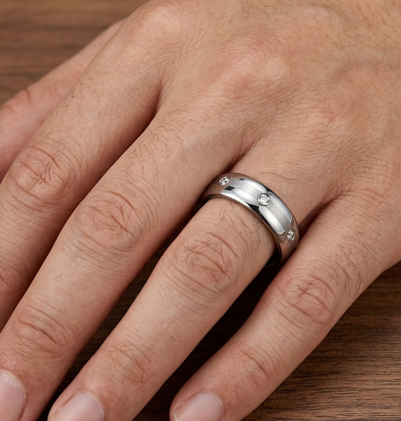 Men's 6mm Tungsten Carbide Wedding Band – Polished Edges, Brushed Center & Crystal Inlays