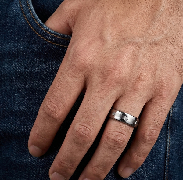 Men's 6mm Tungsten Carbide Wedding Band – Polished Edges, Brushed Center & Crystal Inlays