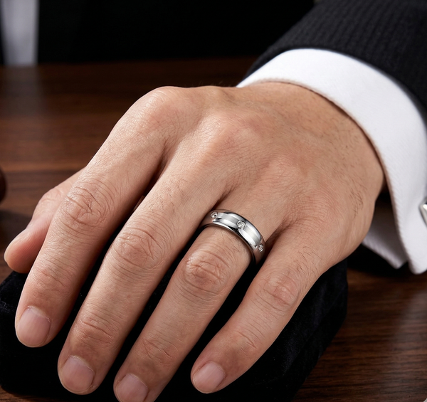 Men's 6mm Tungsten Carbide Wedding Band – Polished Edges, Brushed Center & Crystal Inlays