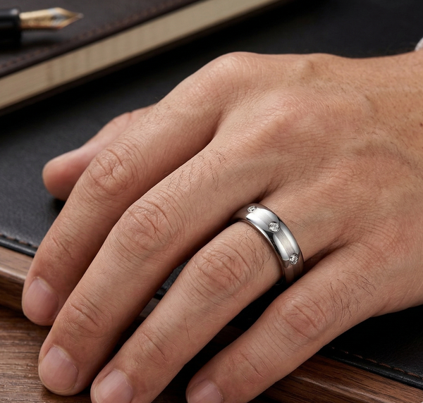 Men's 6mm Tungsten Carbide Wedding Band – Polished Edges, Brushed Center & Crystal Inlays