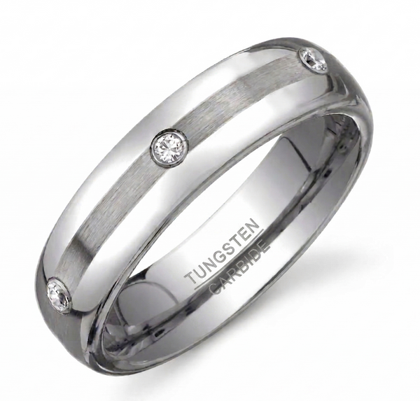 Men's 6mm Tungsten Carbide Wedding Band – Polished Edges, Brushed Center & Crystal Inlays