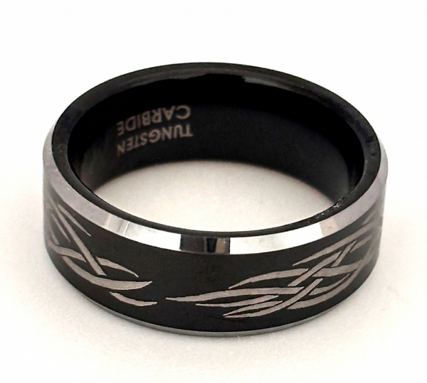 Men's 8mm Black Tungsten Carbide Ring with Silver Tribal Celtic Knot & Beveled Edges