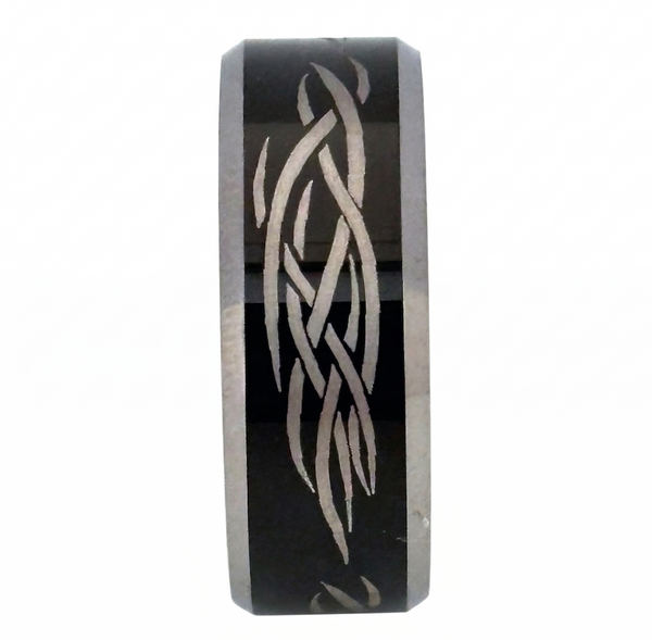 Men's 8mm Black Tungsten Carbide Ring with Silver Tribal Celtic Knot & Beveled Edges