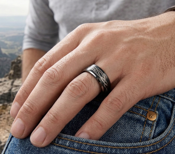 Men's 8mm Black Tungsten Carbide Ring with Silver Tribal Celtic Knot & Beveled Edges