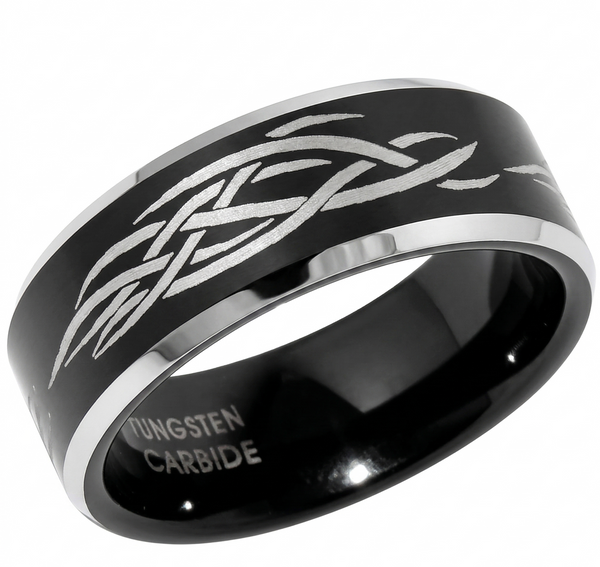 Men's 8mm Black Tungsten Carbide Ring with Silver Tribal Celtic Knot & Beveled Edges