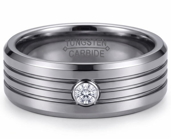 Modern Men's 8mm Polished Tungsten Ring with Inlaid Stone and Channel Detail
