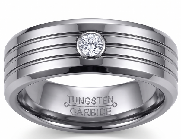 Modern Men's 8mm Polished Tungsten Ring with Inlaid Stone and Channel Detail