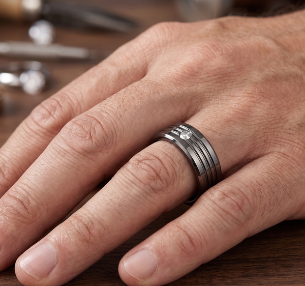 Modern Men's 8mm Polished Tungsten Ring with Inlaid Stone and Channel Detail