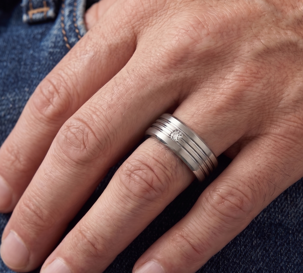 Modern Men's 8mm Polished Tungsten Ring with Inlaid Stone and Channel Detail