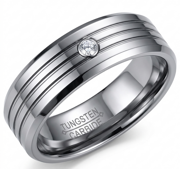 Modern Men's 8mm Polished Tungsten Ring with Inlaid Stone and Channel Detail