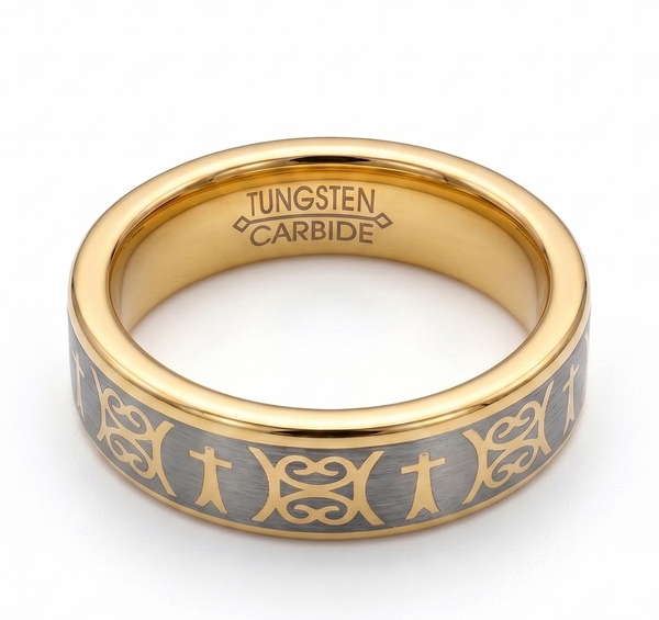 Men's 6mm Two-Tone Tungsten Carbide Wedding Band | Gold & Brushed Silver with Celtic Cross Pattern