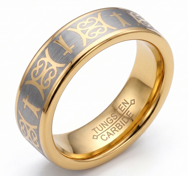 Men's 6mm Two-Tone Tungsten Carbide Wedding Band | Gold & Brushed Silver with Celtic Cross Pattern