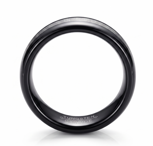 Men's 8mm Black Tungsten Carbide Wedding Band with Silver-Tone Matte Inlay