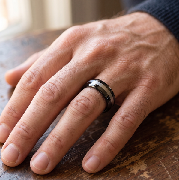 Men's 8mm Black Tungsten Carbide Wedding Band with Silver-Tone Matte Inlay