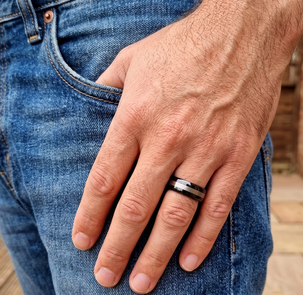 Men's 8mm Black Tungsten Carbide Wedding Band with Silver-Tone Matte Inlay