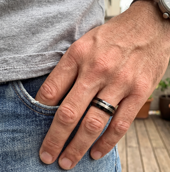 Men's 8mm Black Tungsten Carbide Wedding Band with Silver-Tone Matte Inlay