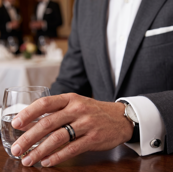 Men's 8mm Black Tungsten Carbide Wedding Band with Silver-Tone Matte Inlay