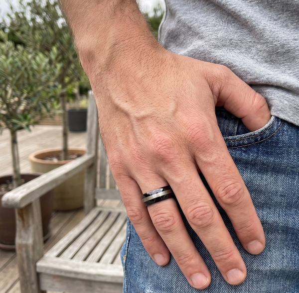 Men's 8mm Black Tungsten Carbide Wedding Band with Silver-Tone Matte Inlay