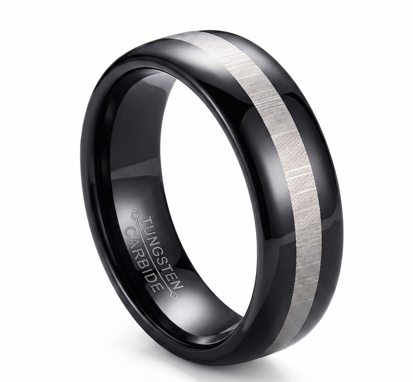 Men's 8mm Black Tungsten Carbide Wedding Band with Silver-Tone Matte Inlay