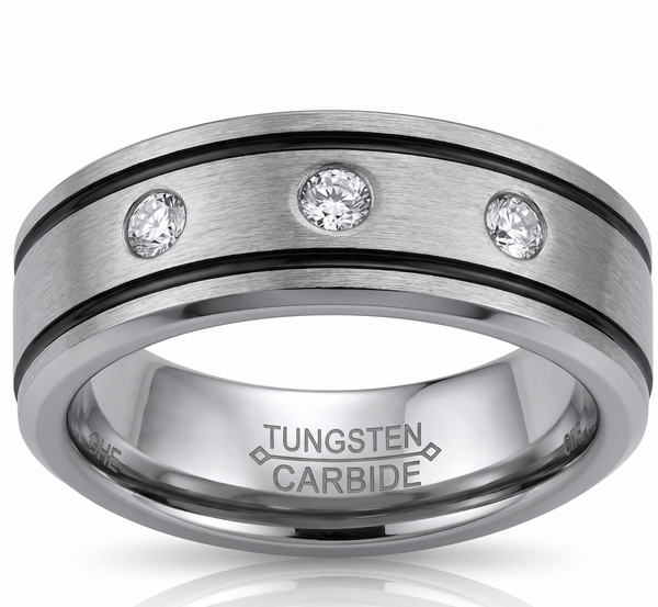 Men’s 8mm Tungsten Carbide Wedding Band | Brushed Silver with Triple Stones & Black Pinstripes