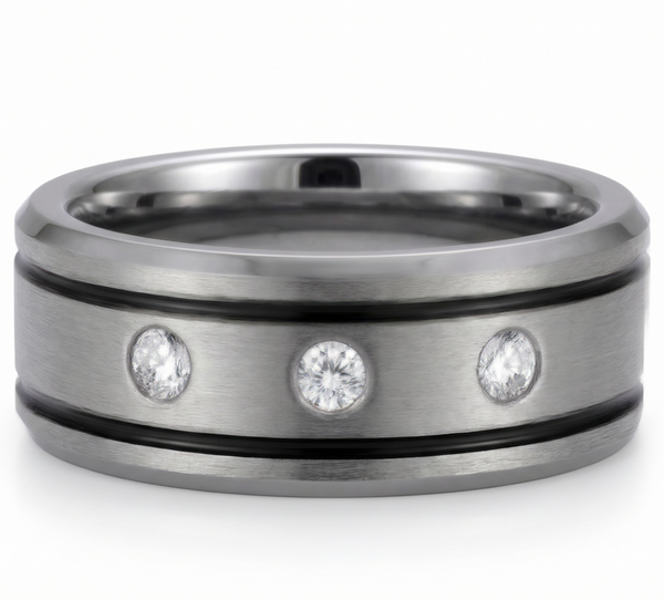 Men’s 8mm Tungsten Carbide Wedding Band | Brushed Silver with Triple Stones & Black Pinstripes