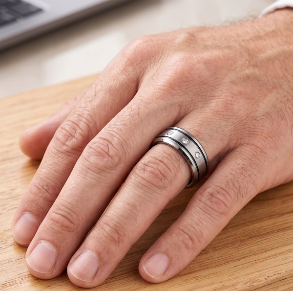 Men’s 8mm Tungsten Carbide Wedding Band | Brushed Silver with Triple Stones & Black Pinstripes