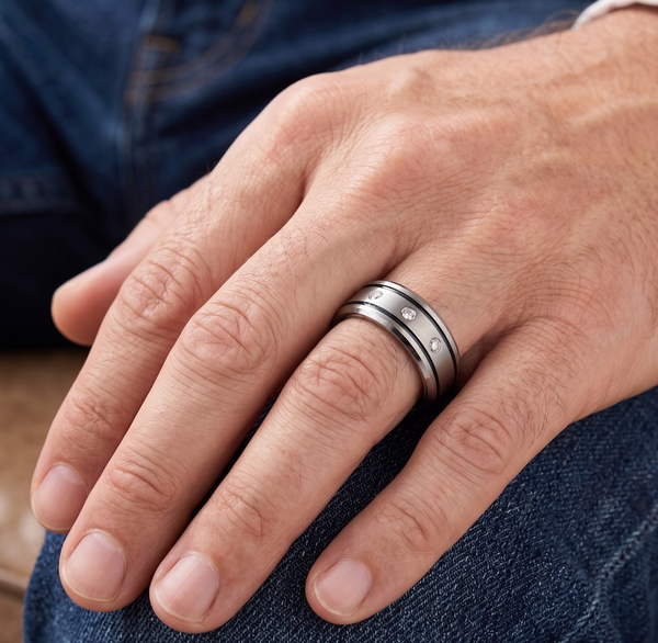 Men’s 8mm Tungsten Carbide Wedding Band | Brushed Silver with Triple Stones & Black Pinstripes