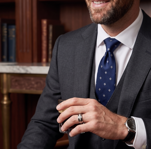 Men’s 8mm Tungsten Carbide Wedding Band | Brushed Silver with Triple Stones & Black Pinstripes