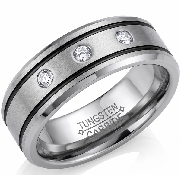 Men’s 8mm Tungsten Carbide Wedding Band | Brushed Silver with Triple Stones & Black Pinstripes