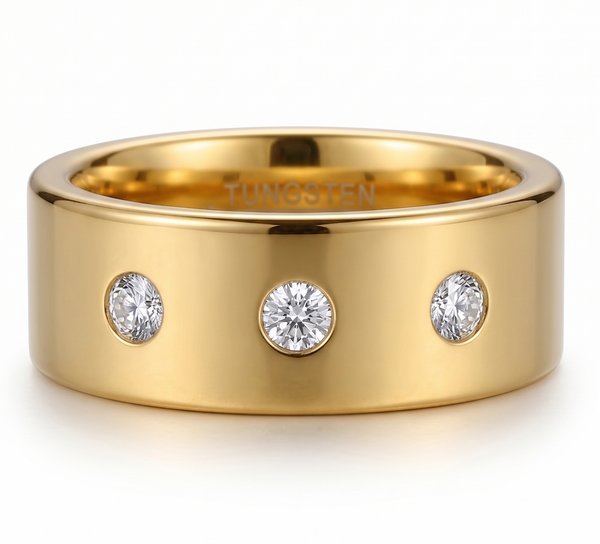 Modern 8mm Gold Plated Tungsten Ring for Men – Scratch-Resistant 3-Stone Statement Band