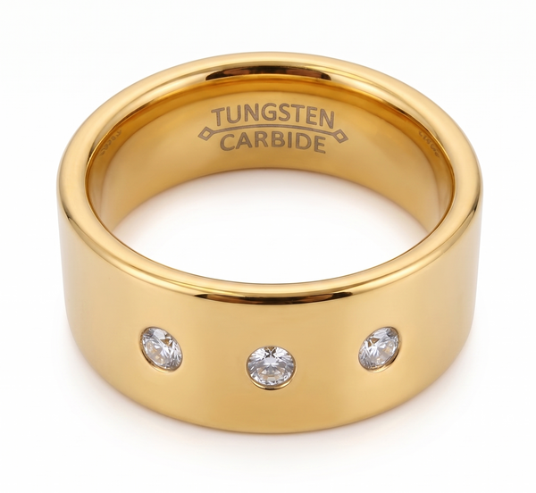 Modern 8mm Gold Plated Tungsten Ring for Men – Scratch-Resistant 3-Stone Statement Band