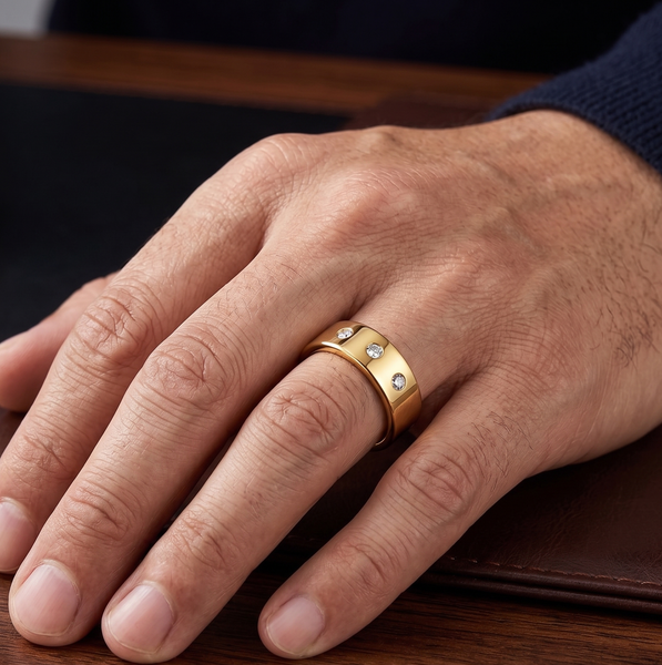 Modern 8mm Gold Plated Tungsten Ring for Men – Scratch-Resistant 3-Stone Statement Band