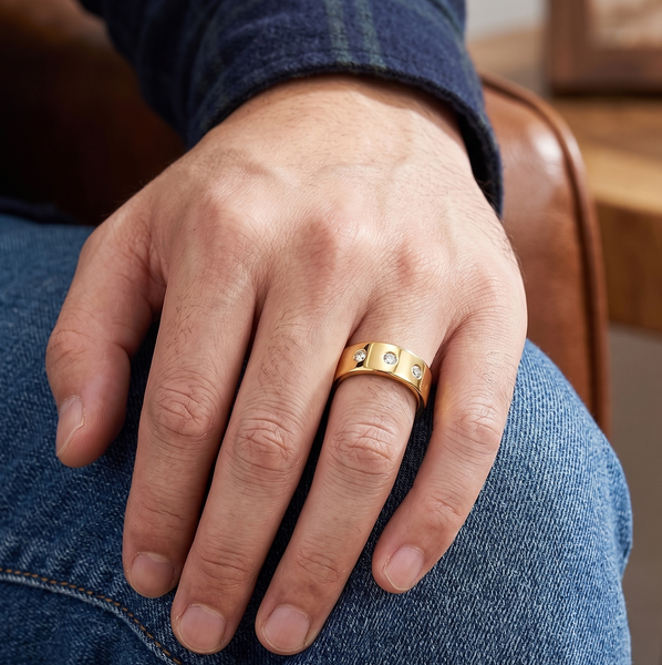 Modern 8mm Gold Plated Tungsten Ring for Men – Scratch-Resistant 3-Stone Statement Band
