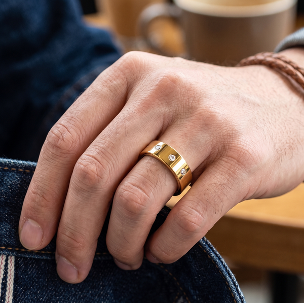 Modern 8mm Gold Plated Tungsten Ring for Men – Scratch-Resistant 3-Stone Statement Band