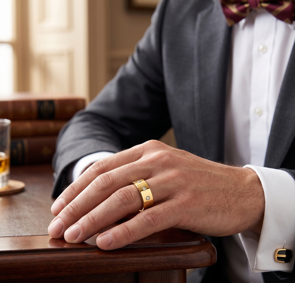 Modern 8mm Gold Plated Tungsten Ring for Men – Scratch-Resistant 3-Stone Statement Band