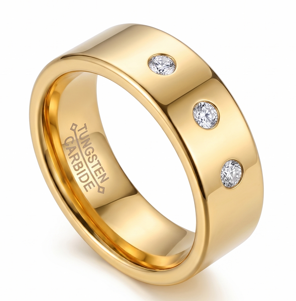 Modern 8mm Gold Plated Tungsten Ring for Men – Scratch-Resistant 3-Stone Statement Band