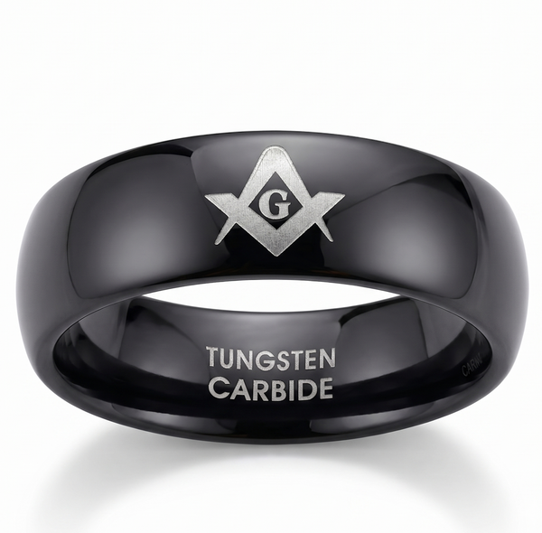 Men's 8mm Black Tungsten Carbide Masonic Ring | laser Etched Square & Compasses Domed Wedding Band | Comfort Fit
