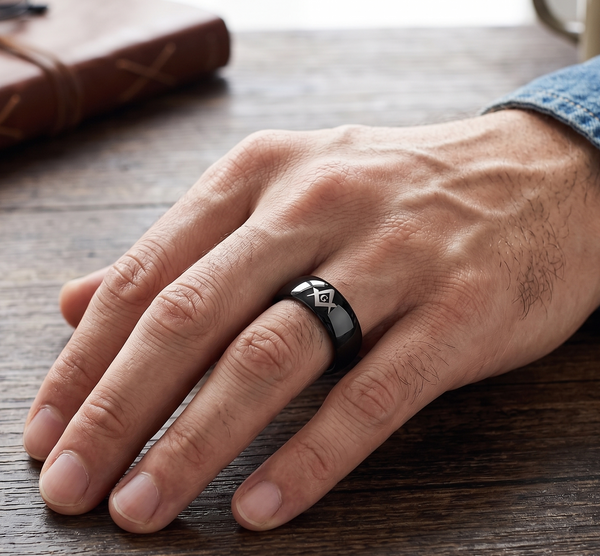 Men's 8mm Black Tungsten Carbide Masonic Ring | laser Etched Square & Compasses Domed Wedding Band | Comfort Fit