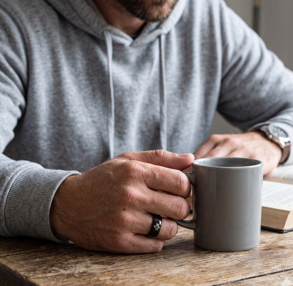 Men's 8mm Black Tungsten Carbide Masonic Ring | laser Etched Square & Compasses Domed Wedding Band | Comfort Fit