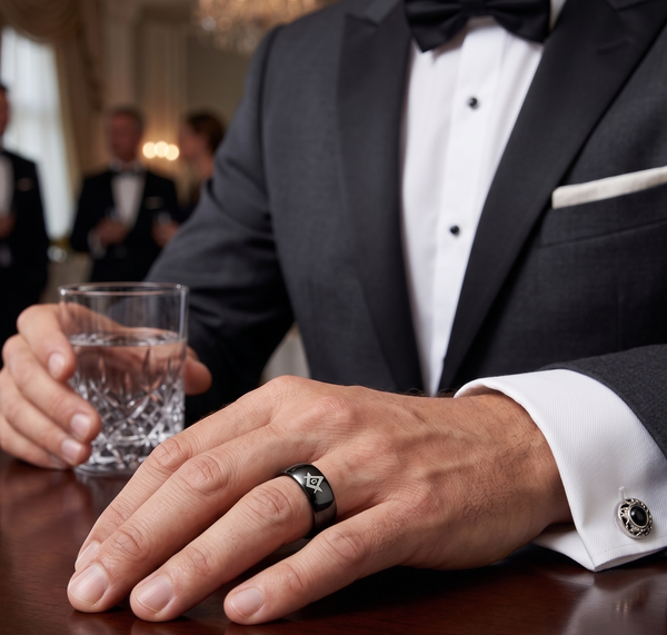 Men's 8mm Black Tungsten Carbide Masonic Ring | laser Etched Square & Compasses Domed Wedding Band | Comfort Fit